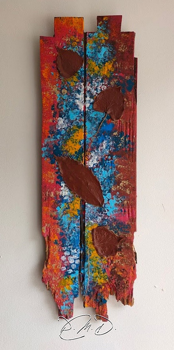 2022 -  Bois 19x60 - Acrylique à l'éponge puis papier à bulles, feuilles et patine Libéron - CP