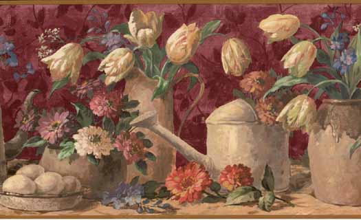 Burgundy Watering Cans Wall Paper Border 5507150B