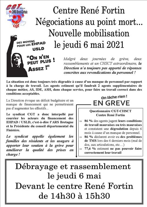 3 Mobilisation du personnel du Centre René Fortin (CRF) Jeudi 6/05, rassemblement de 14h30/15h30. Il appelle les familles à venir en soutien !