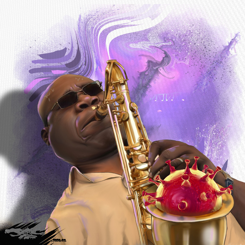 dessin de JERC et texte d'AKAKU du vendredi 27 mars 2020 caricature Manu Dibango Manu sax aphone www.facebook.com/jercdessin https://twitter.com/dessingraffjerc