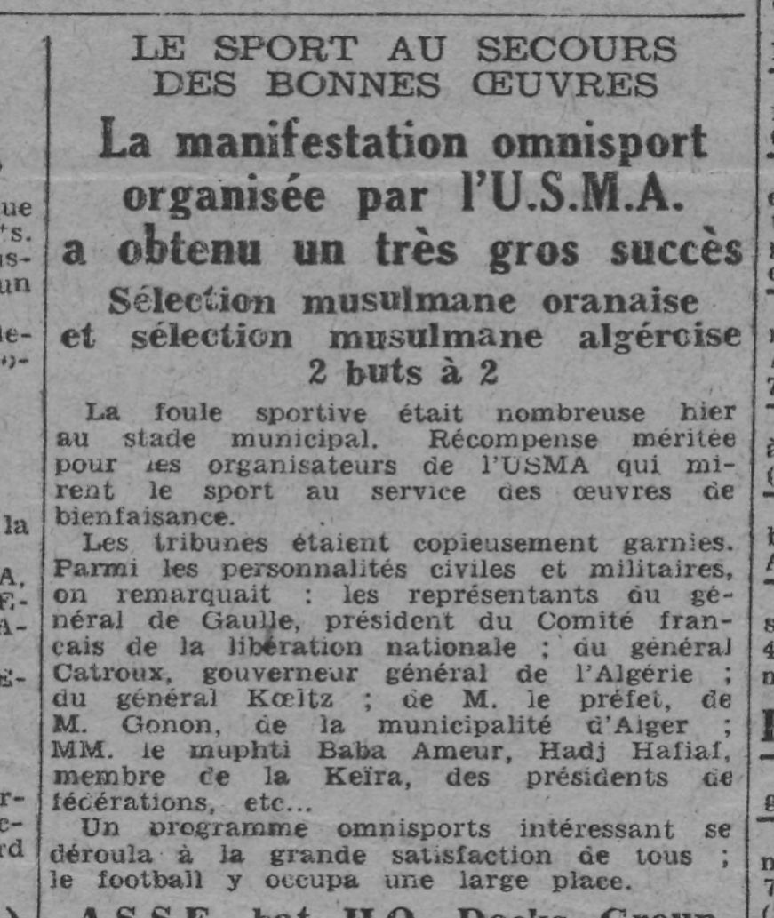 3.10.1943 match sélection Algéroise-sélection musulman Oranais organisé par l'USMA