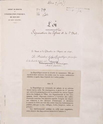 Loi du 9 décembre 1905 concernant la séparation des Églises et de l'État (minute signée du président de la République Émile Loubet