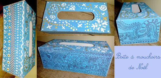 CM2 - Customiser une boîte à mouchoirs de Noël avec de la peinture, une boîte en carton de chez "Majuscules", du feutre noir: 