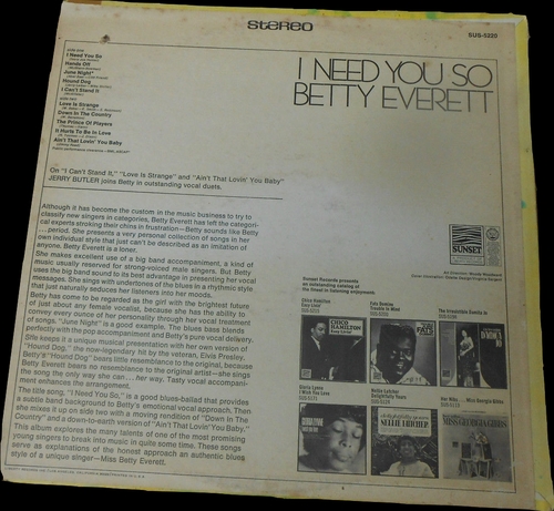 Betty Everett ‎: Album " I Need You So " Sunset Records SUS-5220 [ US ]