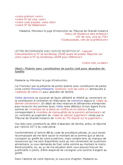 modele lettre constitution partie civile