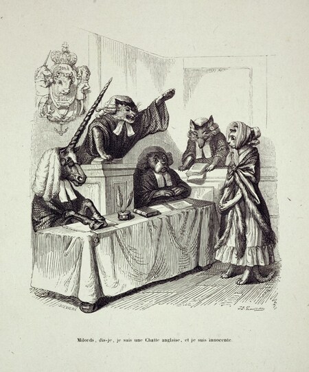 Peine de cœur d’une chatte anglaise (dessin de Jean-Jacques Grandville de l’ouvrage de P.-J. Stahl : Scènes de la vie privée et publique des animaux – Etudes de mœurs contemporaines. Paris, 1842. Editeur : Hetzel et Paulin. Graveur : Louis-Henri Brévière. Source : Maison de Balzac, Paris Musées).