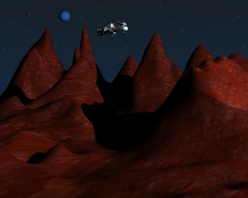 Un Aigle de Cosmos 1999 survole le paysage d'une planète