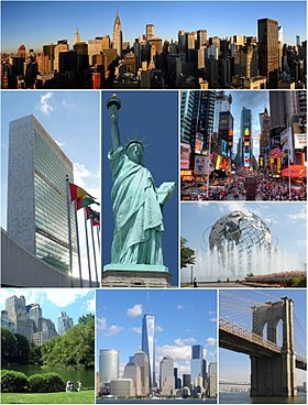 De haut en bas et de gauche à droite : Midtown Manhattan, le siège des Nations unies, la statue de la Liberté, Times Square, l'Unisphere du Queens, Central Park, Lower Manhattan et le pont de Brooklyn.