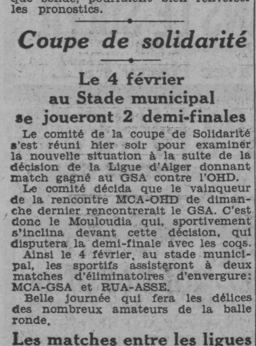 Dimanche 4.2.1940 demi finale coupe solidarité GSA-MCA 5-3