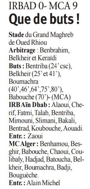 Jeudi 15.01.2009 Stade du Maghreb arabe de Oued R’hiou 1/32ème coupe MC ALGER 9 – IRB AÏN D’