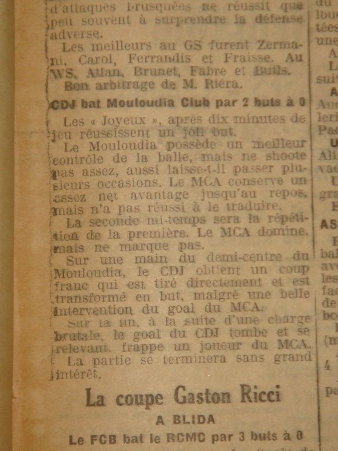 Dimanche 23.9.1928 au Municipal Finale coupe de la Municipalité CDJ-MCA 2-0