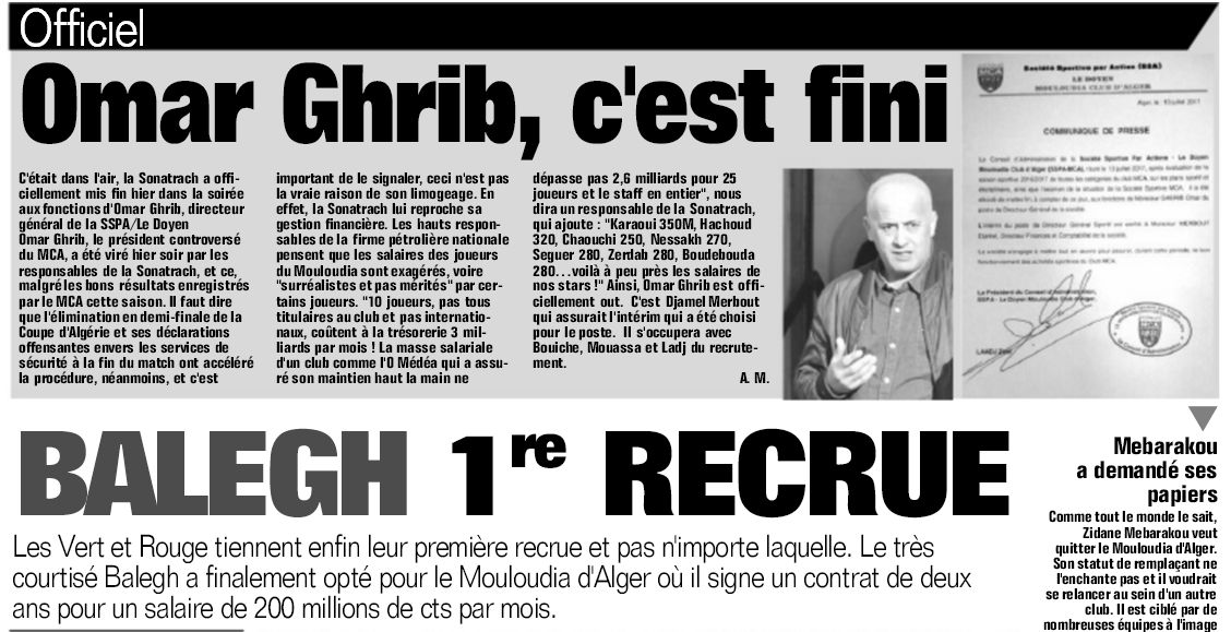 Jeudi 13.7.2017 Sonatrach limoge Ghrib Omar et installe Mrbout à sa place temporairement