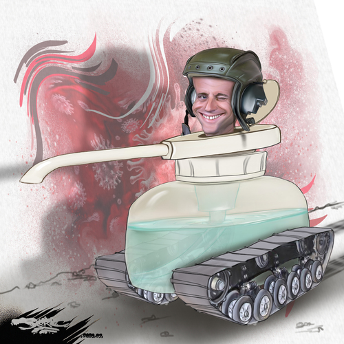 dessin de JERC et texte d'AKAKU du mercredi 18 mars 2020 caricature Emmanuel Macron en guerre Arrête ton char, y varie www.facebook.com/jercdessin https://twitter.com/dessingraffjerc