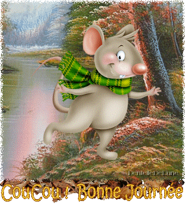 Gif animé Coucou - Bonne journée - avec souris qui court dans la forêt -  les gifs animés de dentelledelune