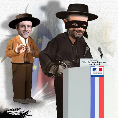 dessin de JERC du mercredi 29 avril 2020 caricature Edouard Philippe et Emmanuel Macron Des cons, feint et ment www.facebook.com/jercdessin https://twitter.com/dessingraffjerc