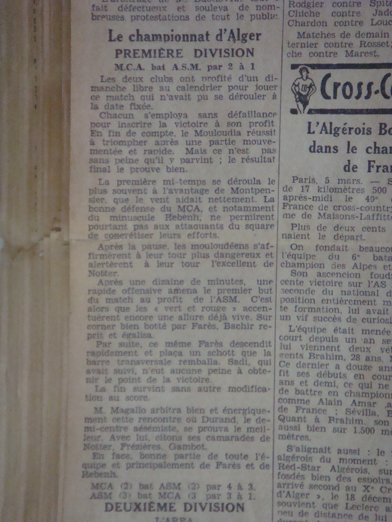 Dimanche 5.3.1933 match en retard ASM-MCA 1-2