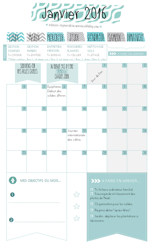 ✿ Un mois de janvier organisé {calendrier à imprimer} - {astuces