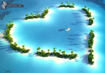 [pictures.4ever.eu] heart-shaped island, tropical sea, palm trees, yacht 153229