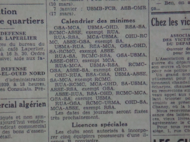 calendrier des minimes 1939-1940 le mca y participe