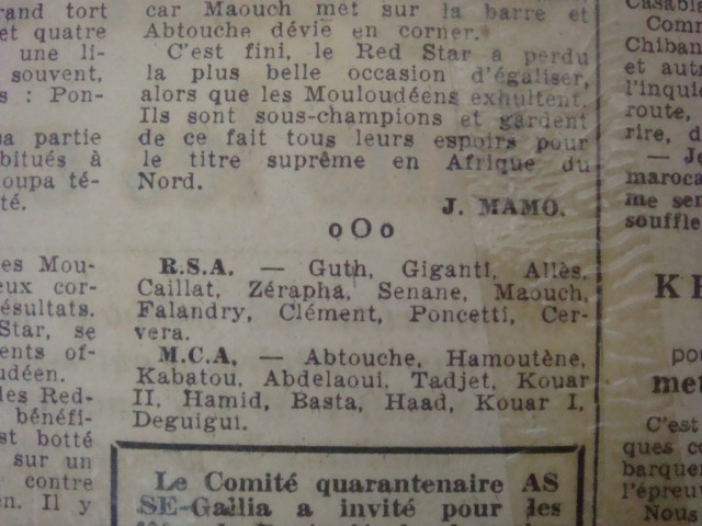 Mercredi 28.4.48 Hussein Dey MCA-RSA 1-0 barrage 2em place