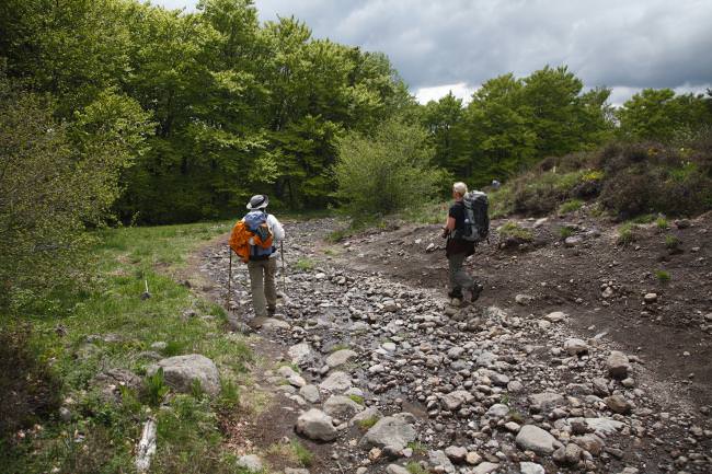 Randonneurs sur le chemin de Saint-Jacques de Compostelle, GR®65, Aveyron © S. Kellinghaus 