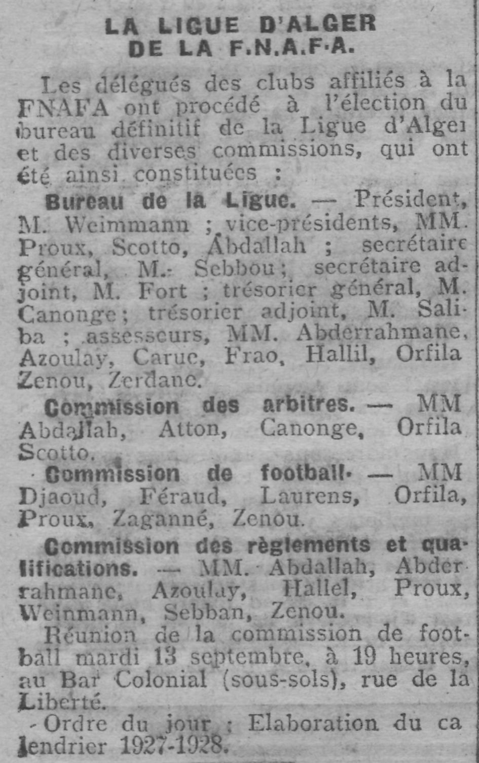 Dimanche 11.9.1927 élection de Mr Djaout Ahmed dans la Commission de Football