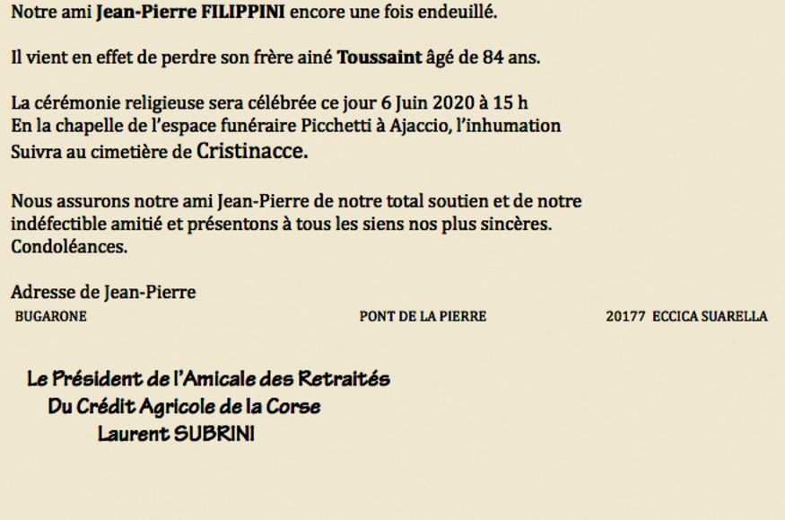 Décès de Mr Toussaint Filippini - Retraités du Crédit Agricole de la Corse