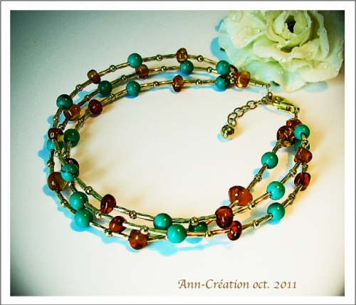 Bracelet Turquoise Naturelle / Ambre Naturelle / Plaqué Or Gold Filled & Vermeil