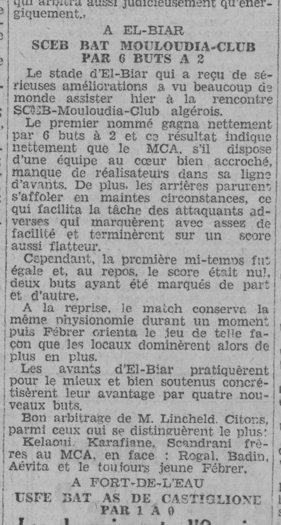 Dimanche 4.10.1931 à El Biar SCEB-MCA 6-2