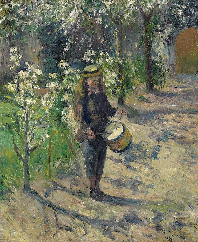 a painting of a man holding a drum in front of some trees and bushes with white flowers