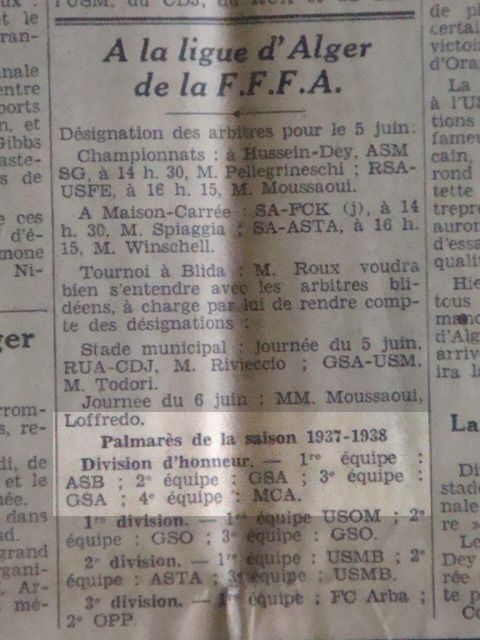 palmarès saison 1937-1938, la 4èm\' équipe du mca champion d\'alger de sa catégorie