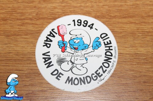 Autocollant rond Schtroumpf Dentiste "JAAR VAN DE MONDGEZONDHEID" 1994
