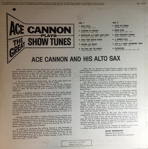 Ace Cannon : Album " Plays The Great Show Tunes " Hi Records SHL 32019 [ US ]