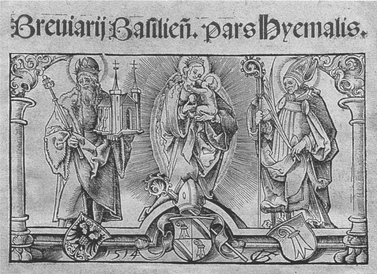Gravure représentant les trois saints patrons de Bâle : Henri II, la Vierge Marie portant l'enfant Jésus, et Saint Pantale (bréviaire issu du trésor de la cathédrale de Bâle)