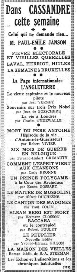 Robert Vivier - Mort du Père Antoine (dans Cassandre, in La Nation Belge, 18 janvier 1936)(Belgicapress)