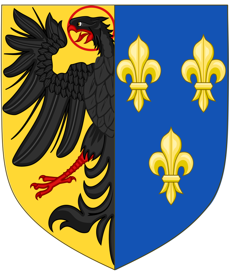 Armoiries imaginaires attribuées à Charlemagne telles qu'on peut les voir dans Les écus armoriés des Neuf Preux. Paris, Bibliothèque nationale de France, ms. Fr. 18651, fol. 1r. (BnF, Paris).