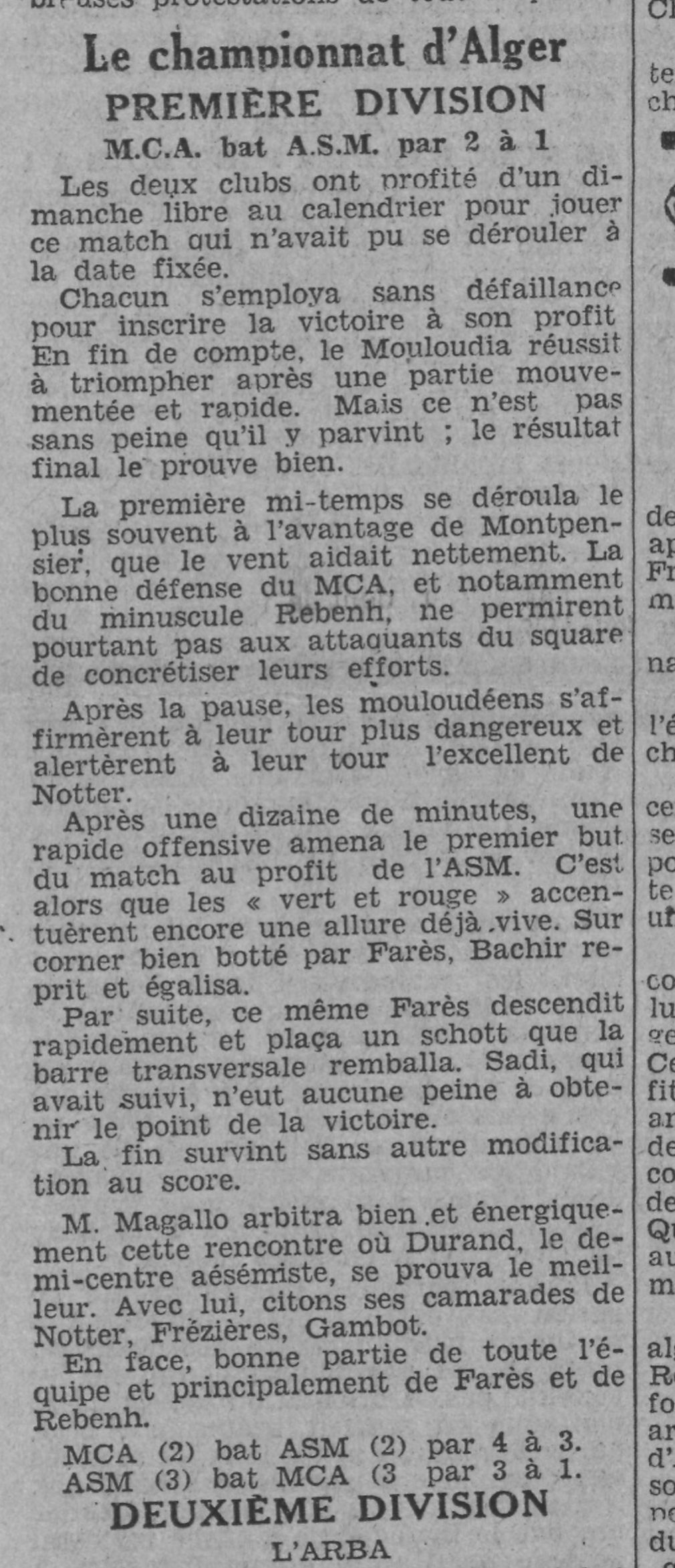 Dimanche 5.3.1933 match en retard ASM-MCA 1-2