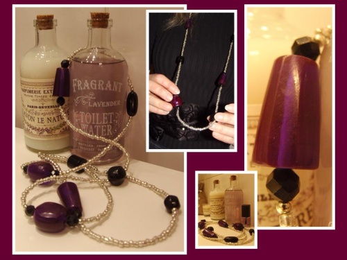 Sautoir tendance en perles violettes, noires, grises et argentées réalisé par Sylvie LE BRIGANT