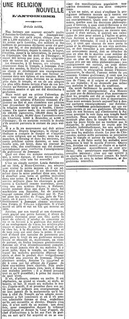 Une religion nouvelle, l'Antoinisme (La Meuse, 15 mai 1910)(Belgicapress)