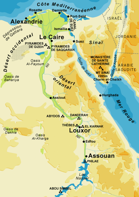 Carte de l'Égypte avec les pyramides et les temples