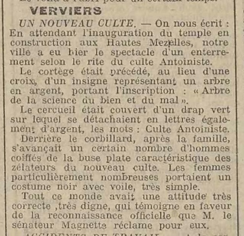 Enterrement antoiniste (Journal de Liège et de la province 8 Mai 1914)