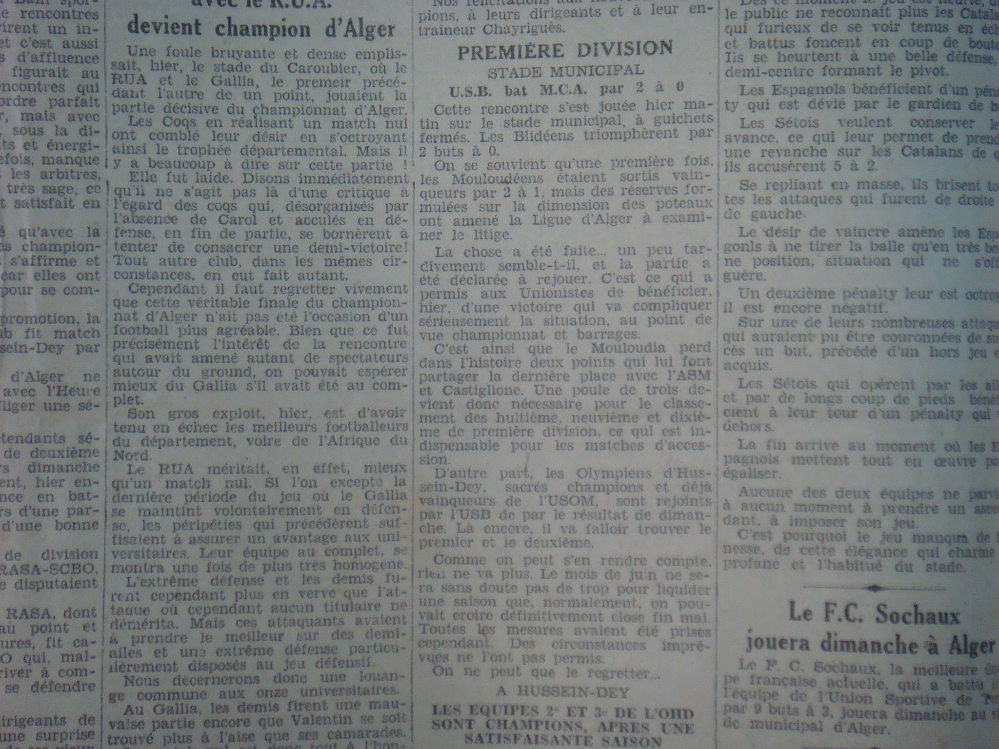 Dimanche 22.5.1932 au municipal match à rejouer MCA-USB 0-2