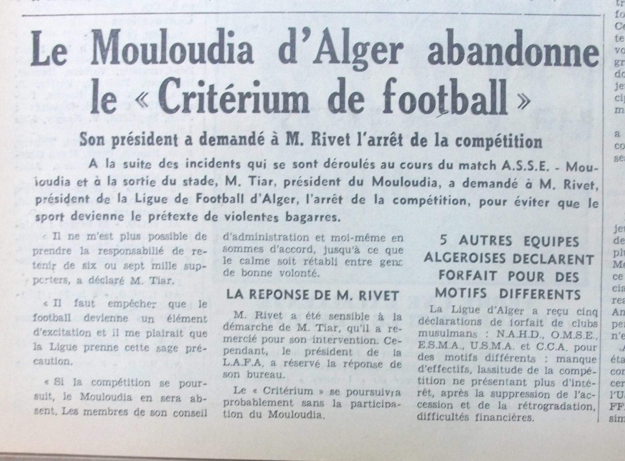 11 Mars 1956 Le MCA et les clubs Musulmans se retirent