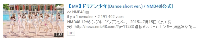 La version courte de "Dorian Shounen" des NMB48 a atteint les 2 millions de vues en une semaine !