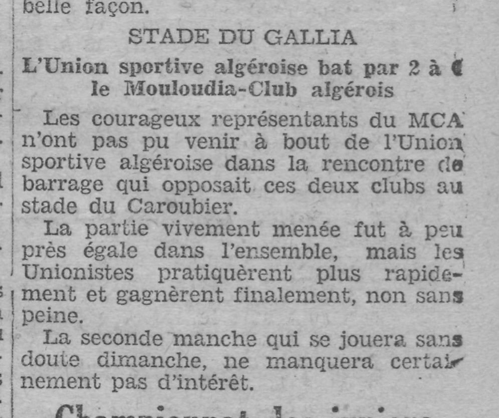 Dimanche 25.5.1930 stade du Gallia Barrage Aller USA (Union Sportive Algéroise)-MCA 2-0