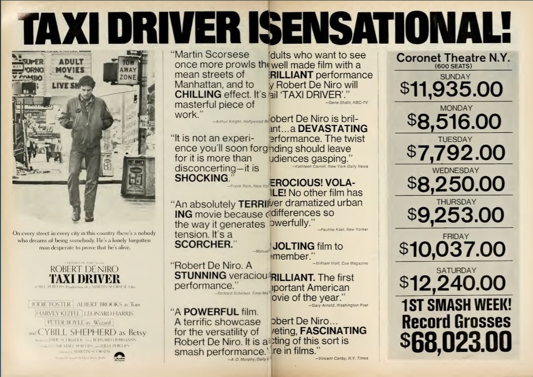 TAXI DRIVER BOX OFFICE USA 1976