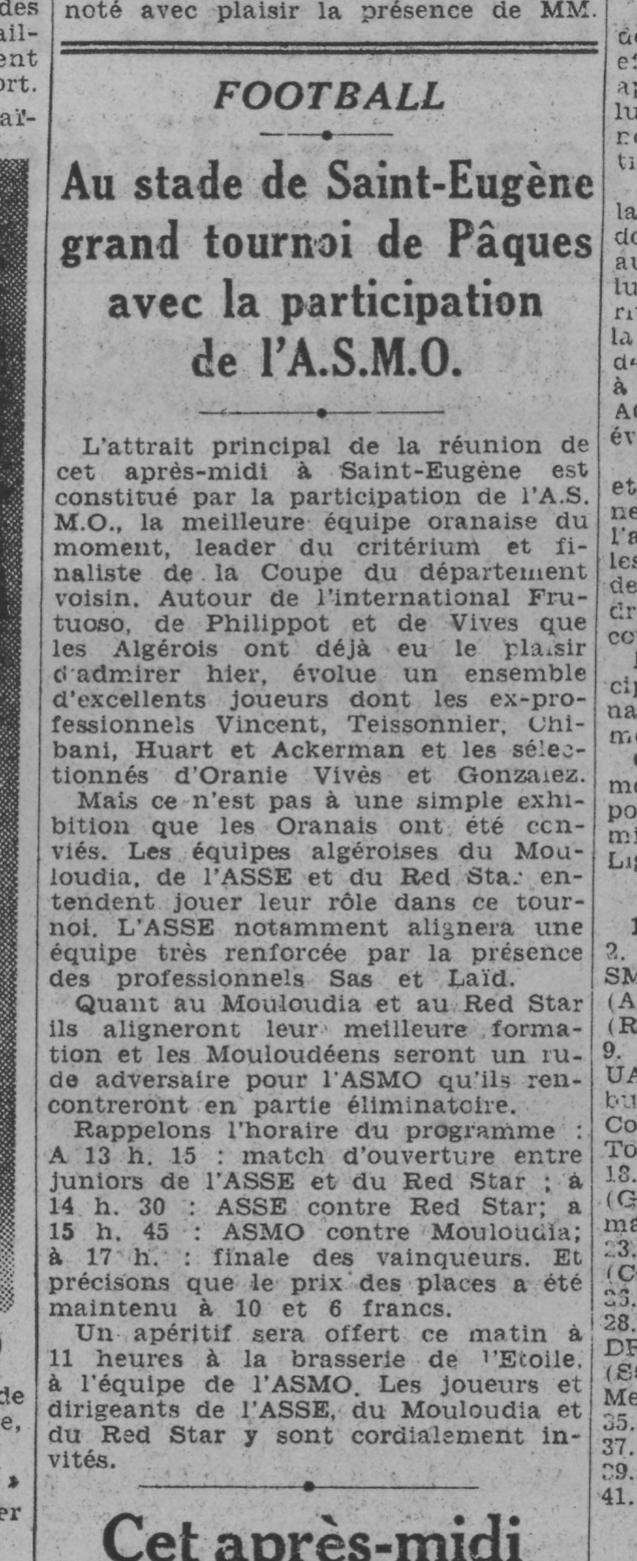 Lundi 14.4.1941 à St Eugène tournoi Amical ASSE-RSA  / ASMO (marine d'Oran)-MCA