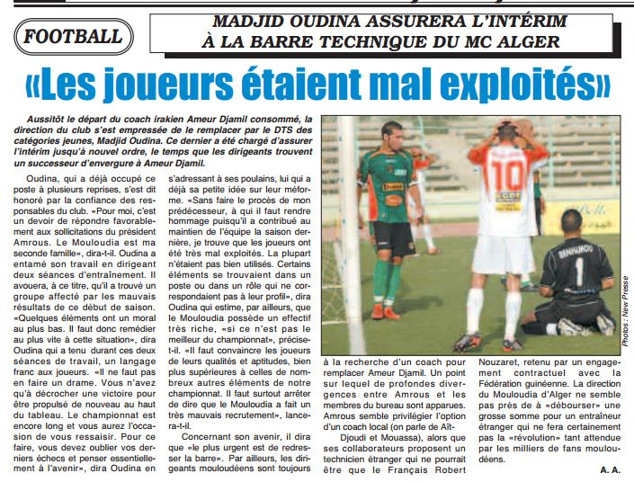 Oudina Madjid assure l'intérim