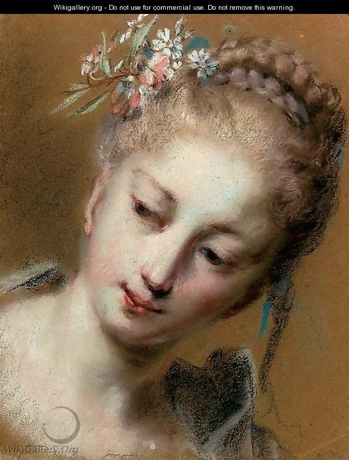 Tete de jeune fille avec des fleurs dans ses cheveux tresses - Rosalba Carriera