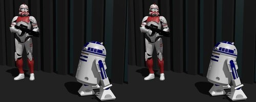 R2 prisonnier d'un stormtrooper en vue stéréo